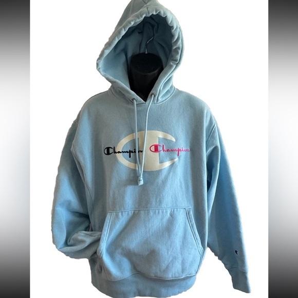 Champion Sweatshirt Light Blue Men's Pullover Spell Out Hoodie - Picture 15 of 15